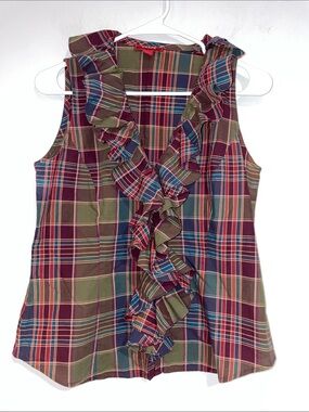 Chaps Ruffled Tartan Plaid Sleeveless Blouse • Sz 6